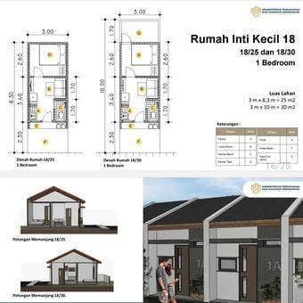 Papan desain resmi rumah subsidi: denah tipe 18, potongan bangunan, dan visual deretan rumah